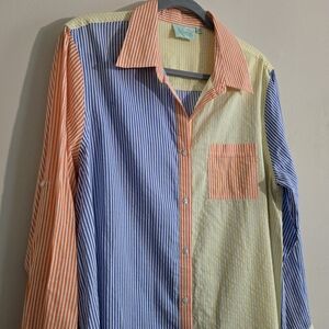 Orange, Blue, and Yellow Colorblock Striped Beach Coverup Oversized Shirt